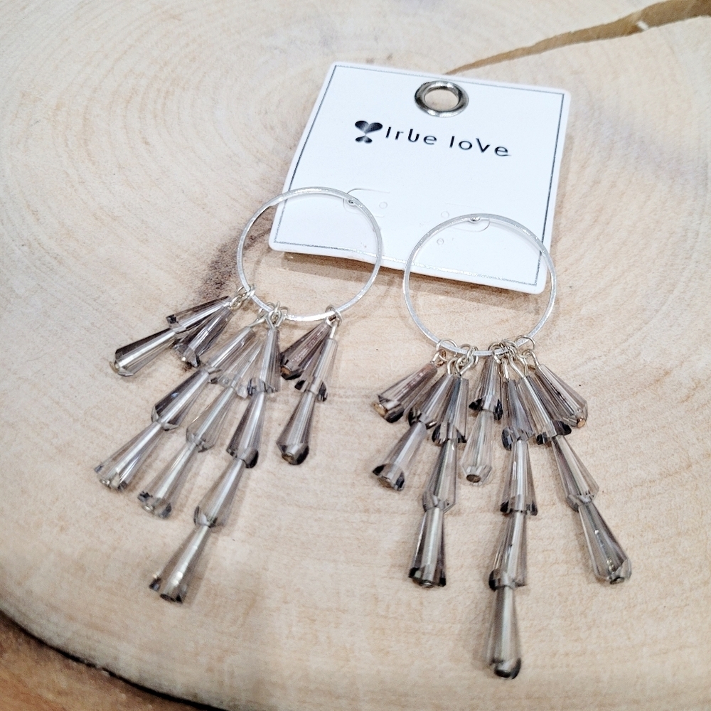Brand New Silver Tone Grey Beads Dangle Earrings